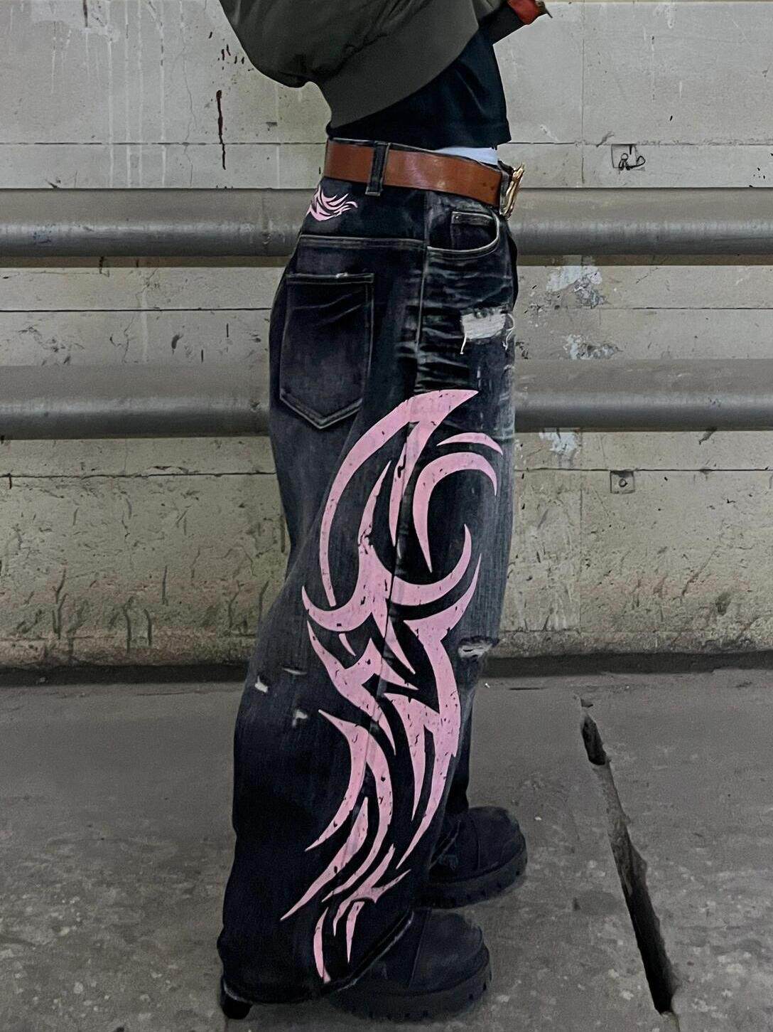 Jeans - American Retro Patterned Washed Denim Pants
