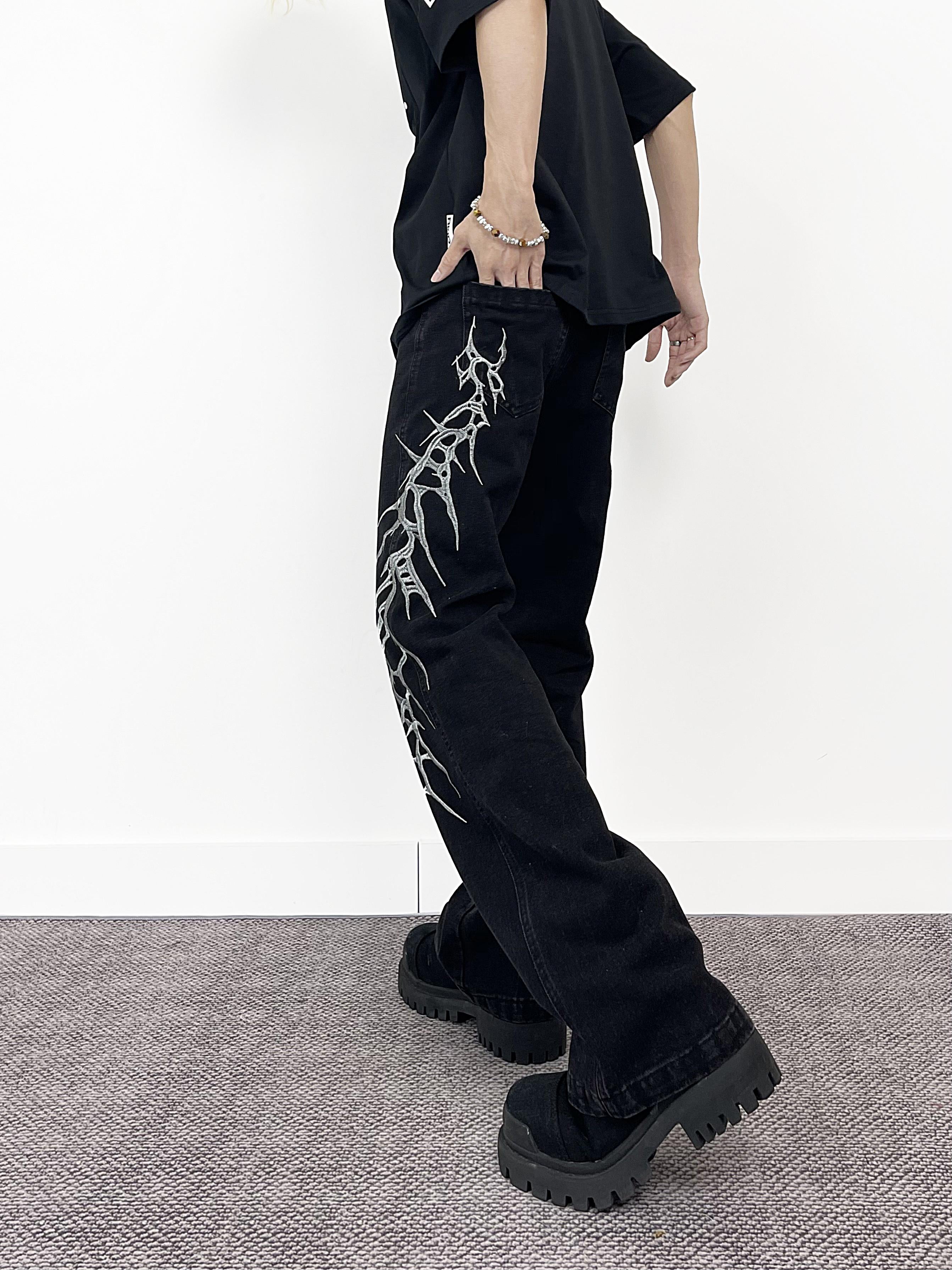 Aknife High Street Dark Thorn Embroidered Micro-Blare Jeans