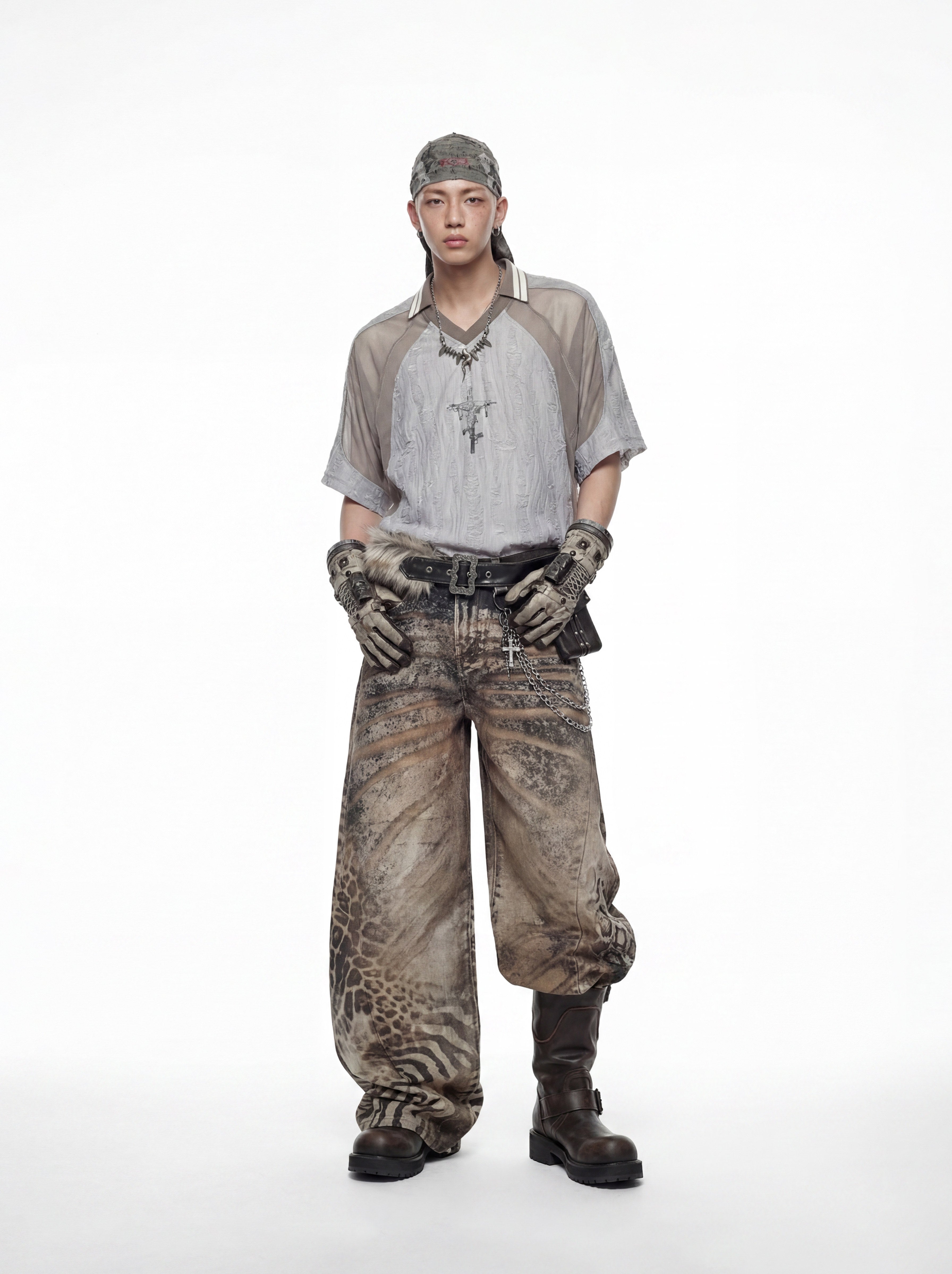 NOMANIAI Desert-style patchwork short-sleeved T-shirt