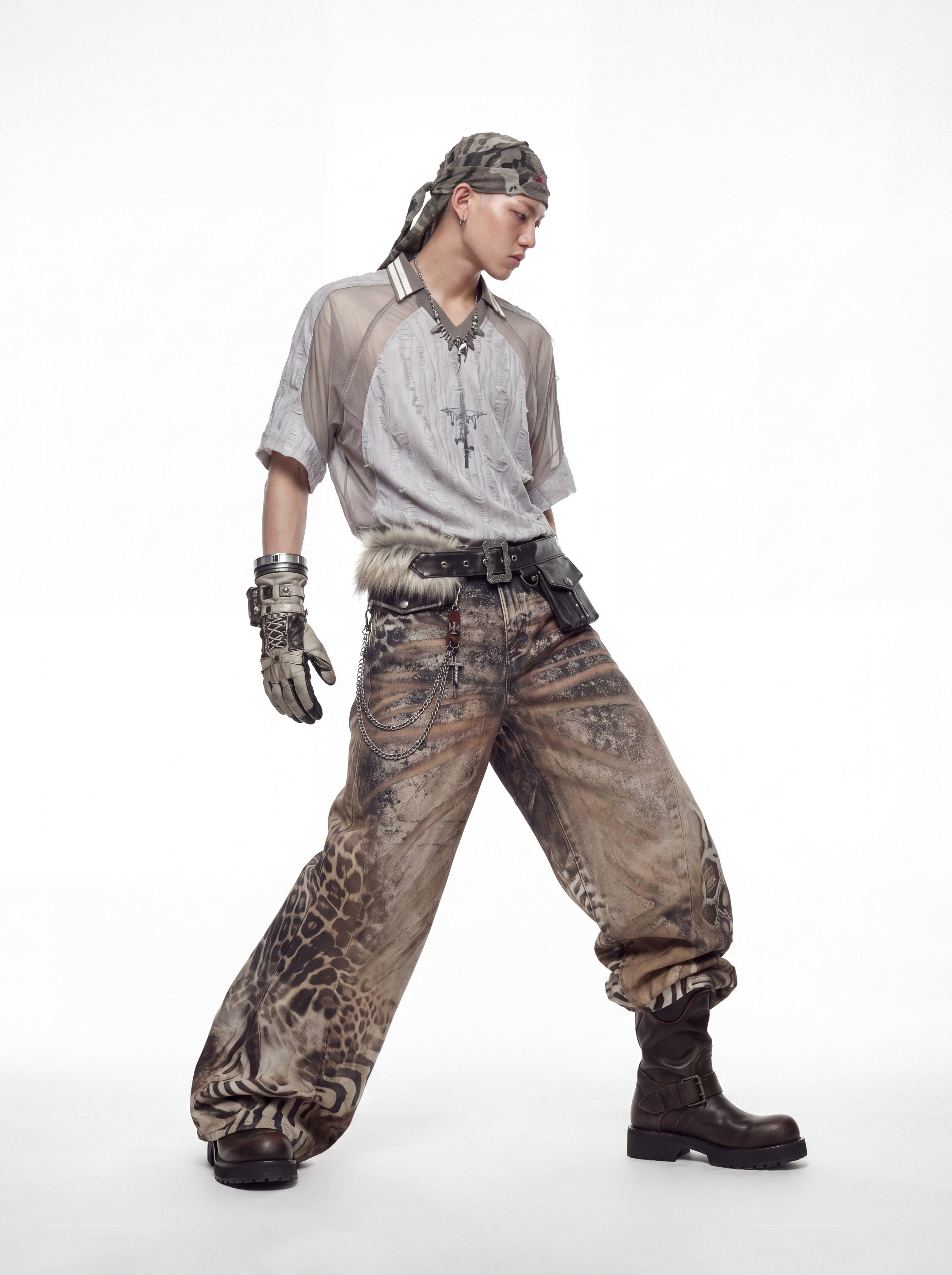 NOMANIAI Desert-style patchwork short-sleeved T-shirt