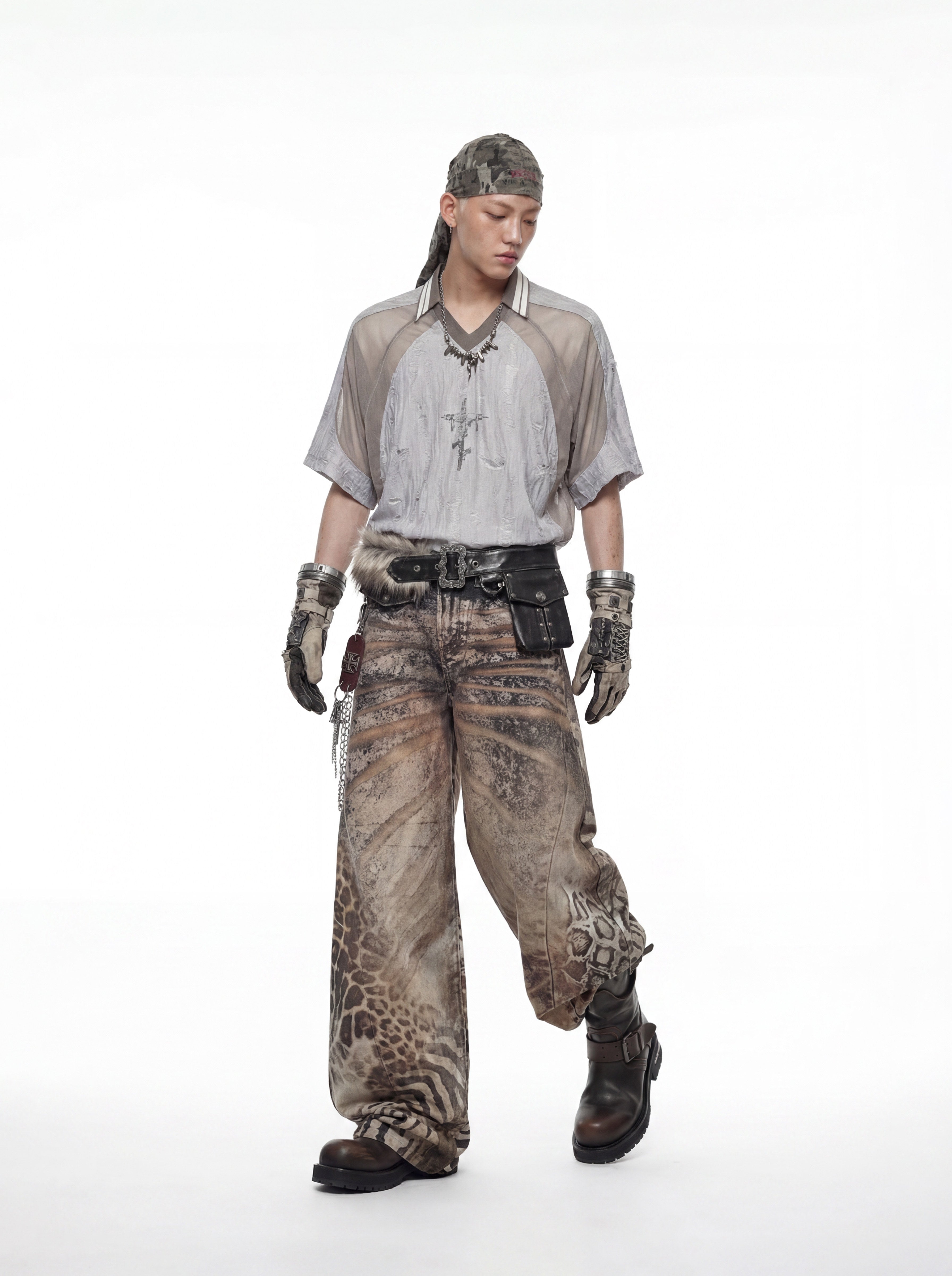 NOMANIAI Desert-style patchwork short-sleeved T-shirt