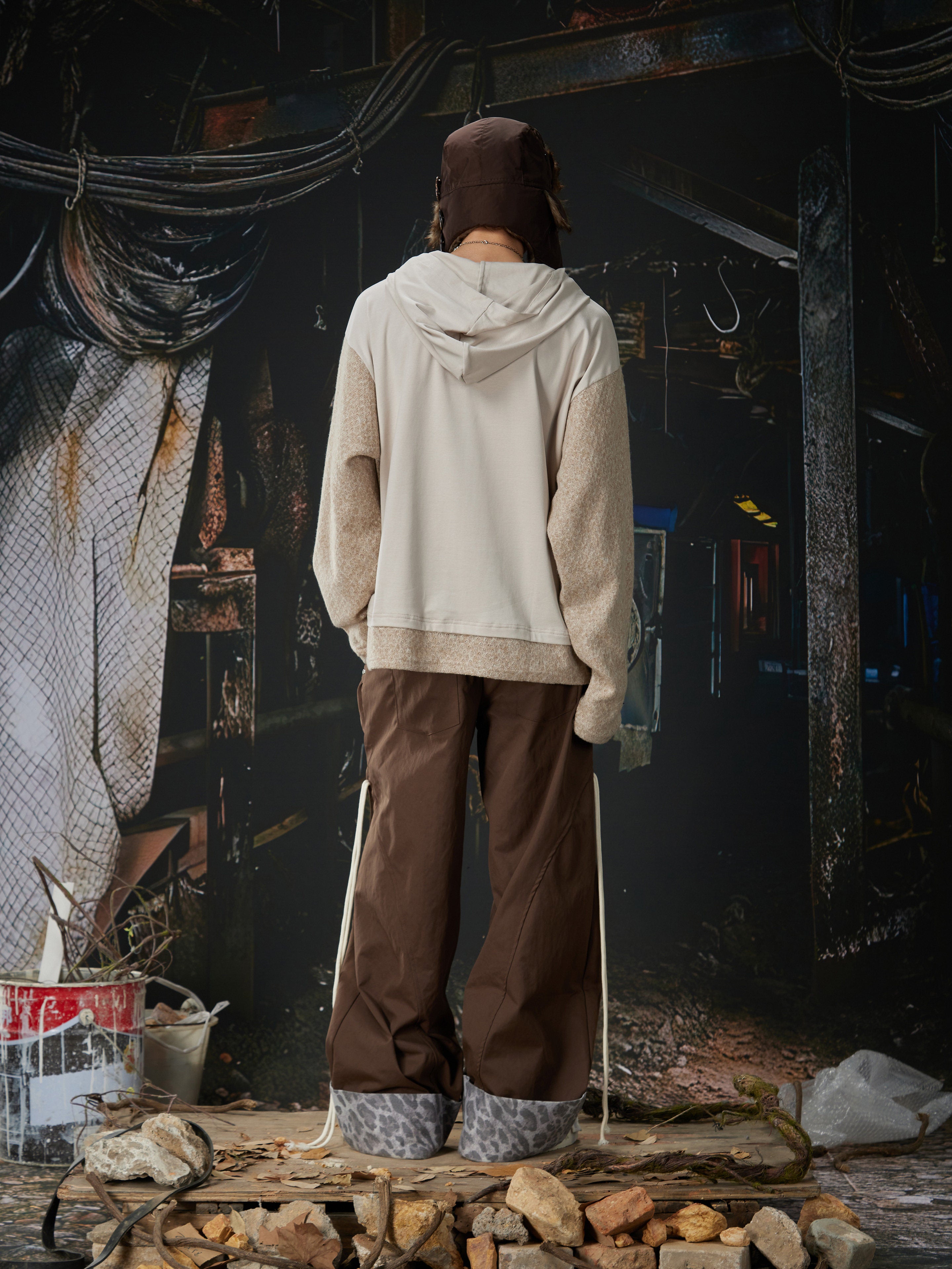 NOMANIAI Two-piece patchwork retro print hooded sweater