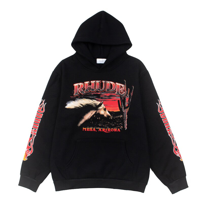RHUDE Hip Hop Vintage Running Horse Printed Hoodie