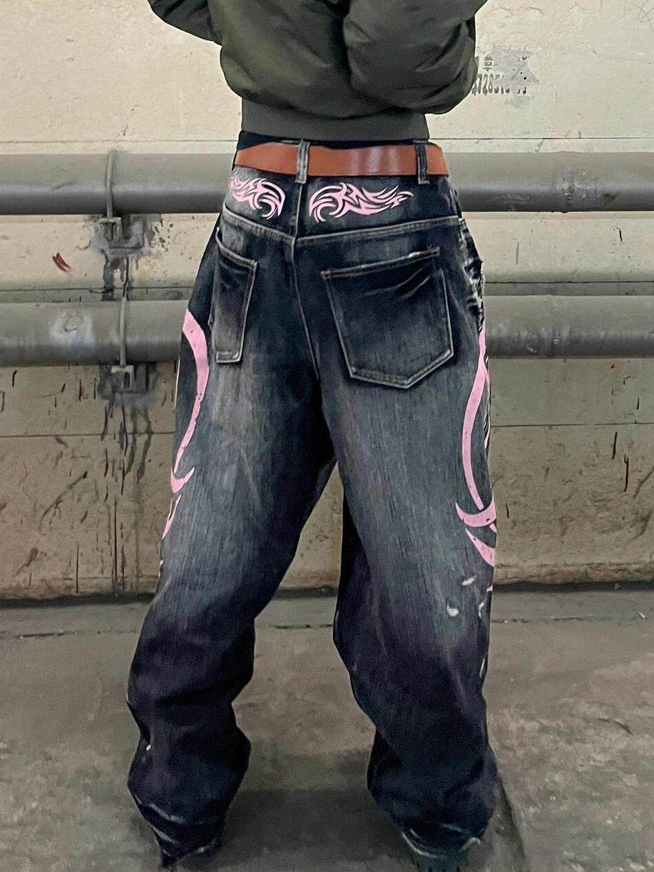 Jeans - American Retro Patterned Washed Denim Pants