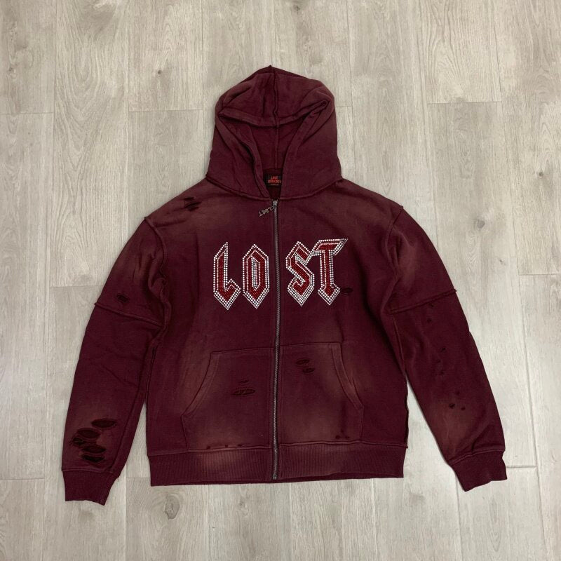 Lost Intricacy Casual Beaded Hole-Open Hoodie