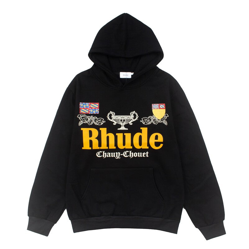 RHUDE Euro Streetwear Badge Letter Print Fleece Hoodie