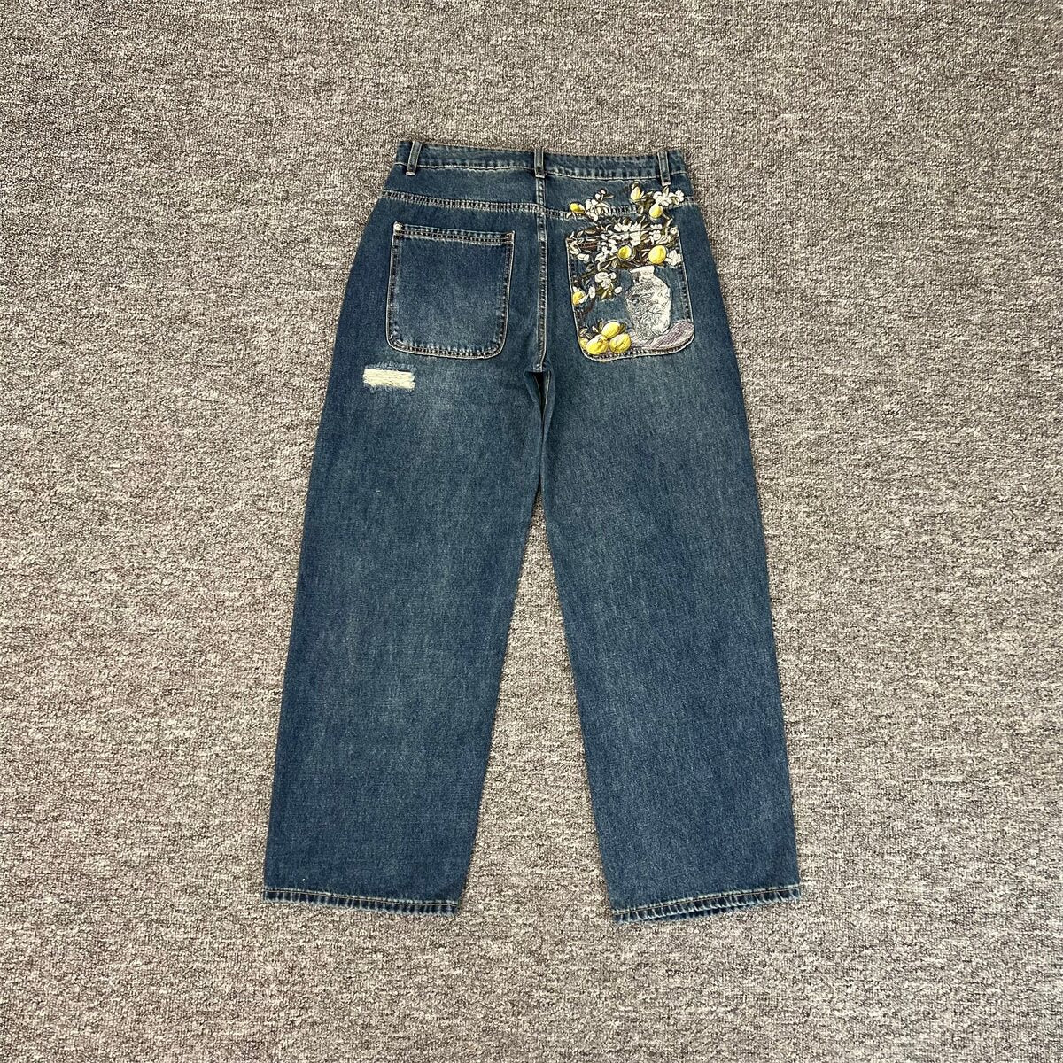 Derschutze Retro Distressed Embroidered Barrel Fit Jeans
