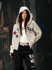 NOMANIAI Street Jersey Printed Striped Short Hooded Shirt