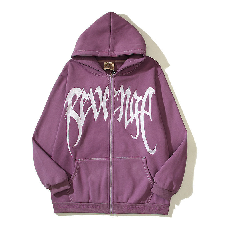 REVENGE embroidered loose fleece hooded sweater