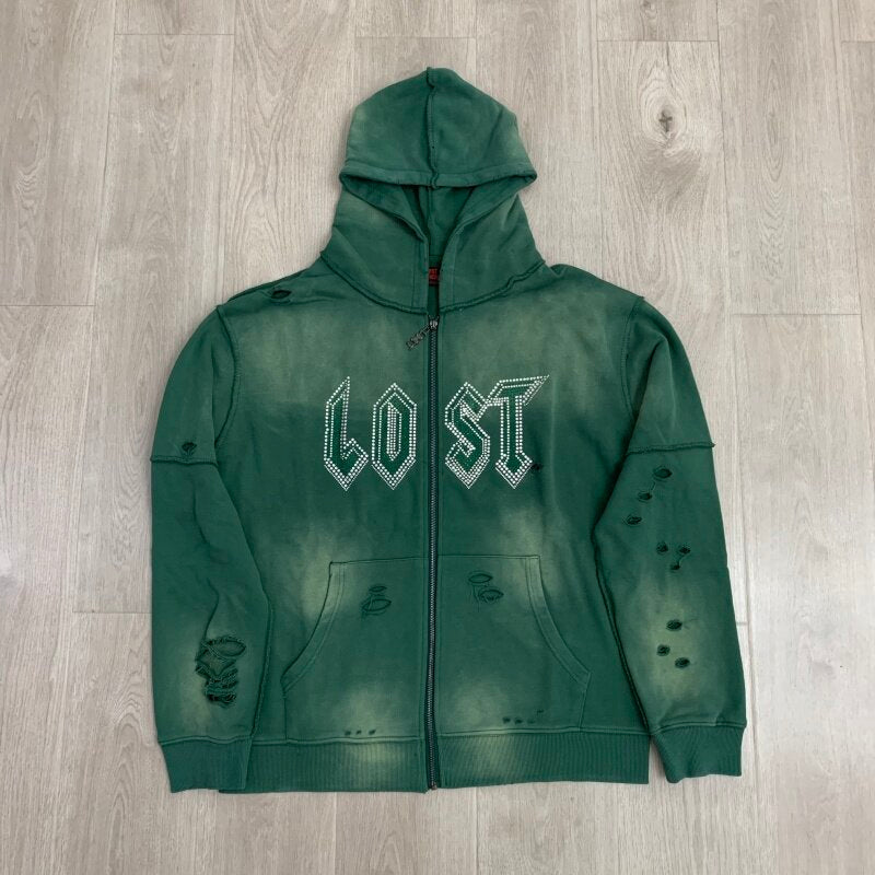 Lost Intricacy Casual Beaded Hole-Open Hoodie
