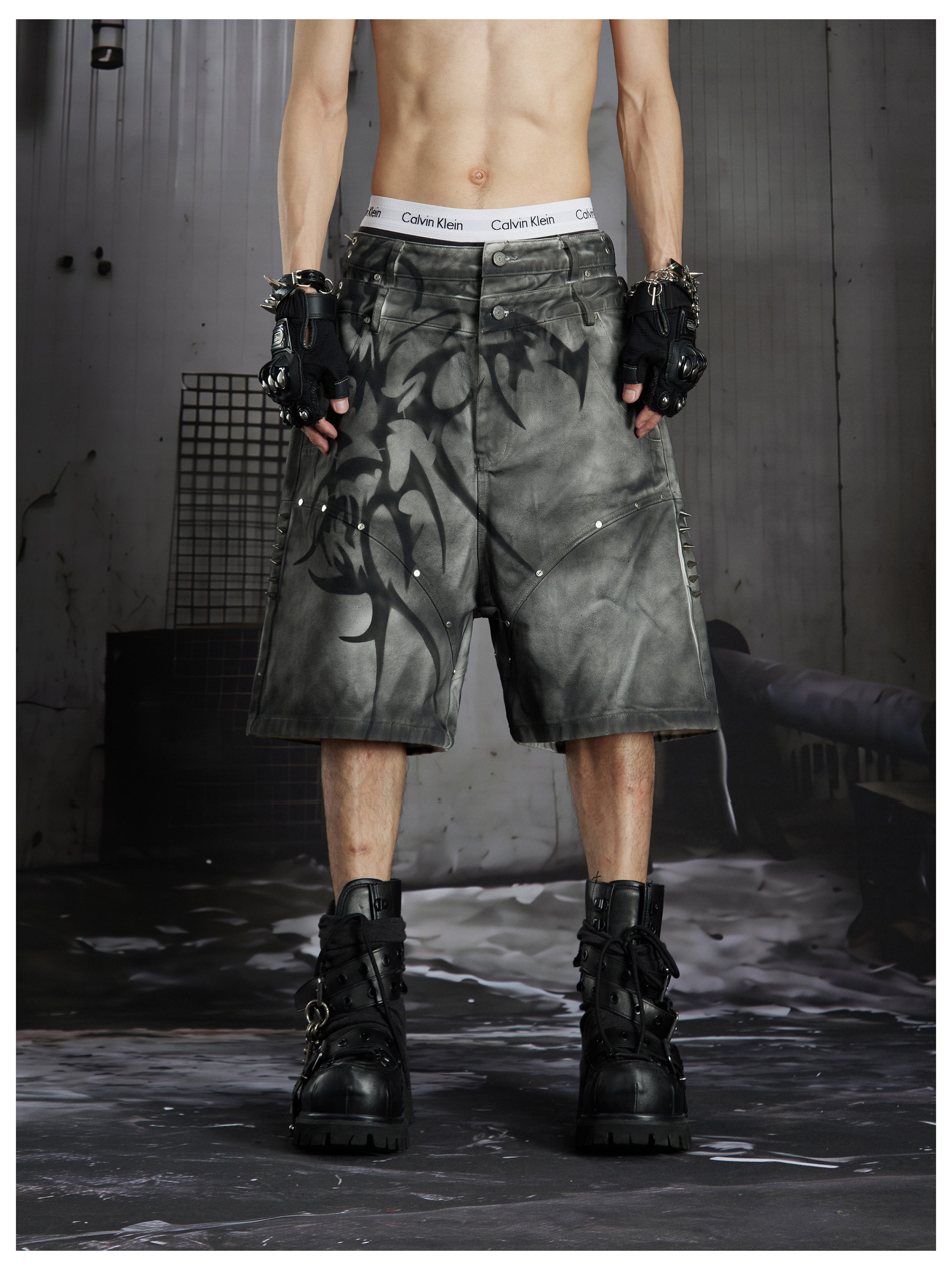 NOMANIAI Dark Vanguard Y2K Hand-painted Rivet Five-Piece Pants