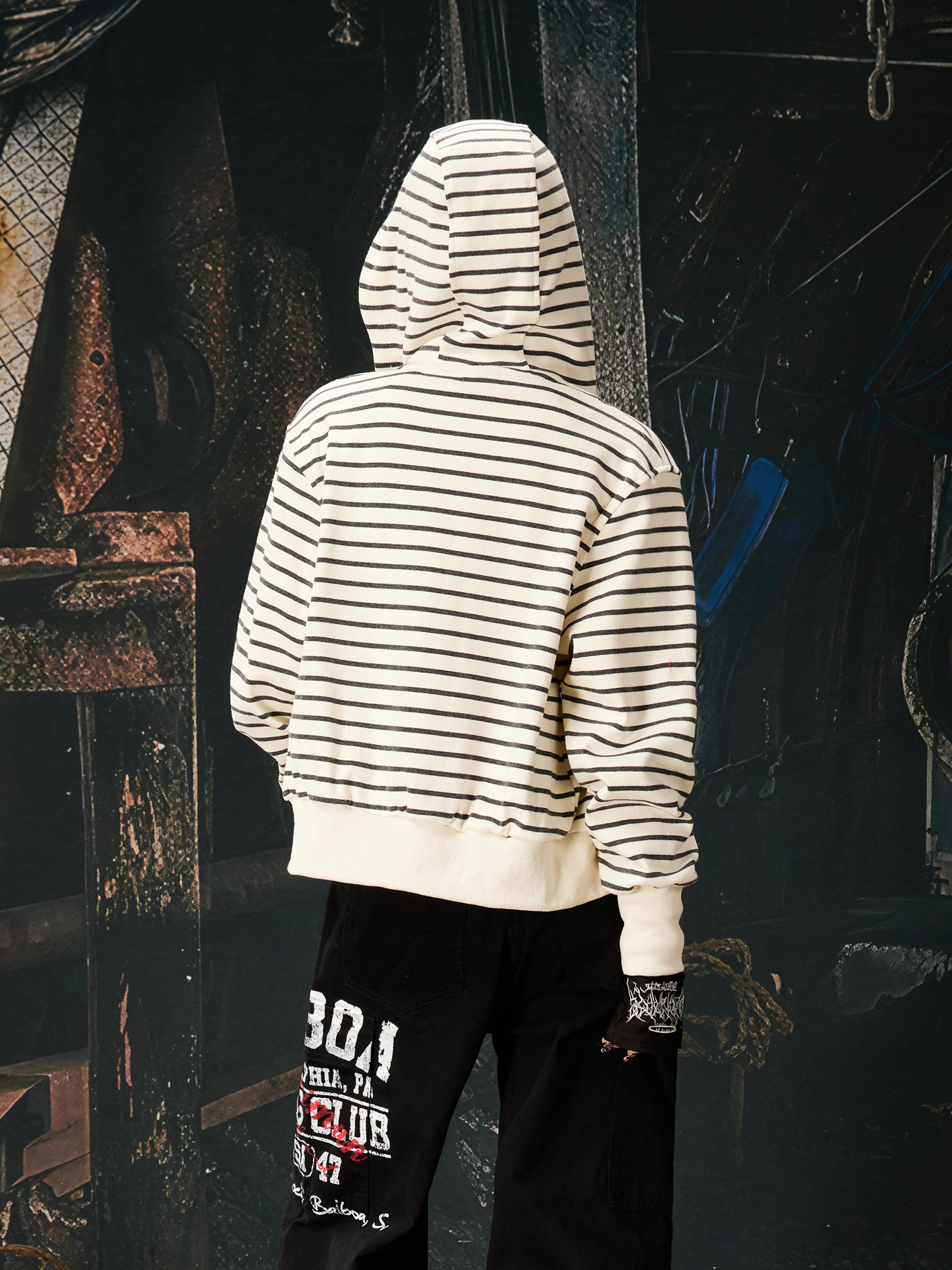 NOMANIAI Street Jersey Printed Striped Short Hooded Shirt