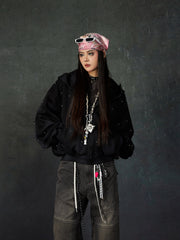 NOMANIAI Pearl Decor Distressed Spray Paint Hoodie