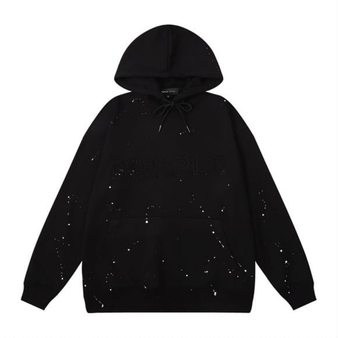 Purple Brand Men Black Paint Splatter Pullover Hoodie