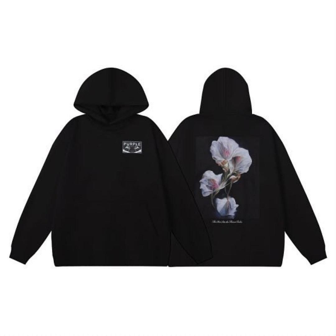 Purple Brand Men Black Floral Graphic Pullover Hoodie
