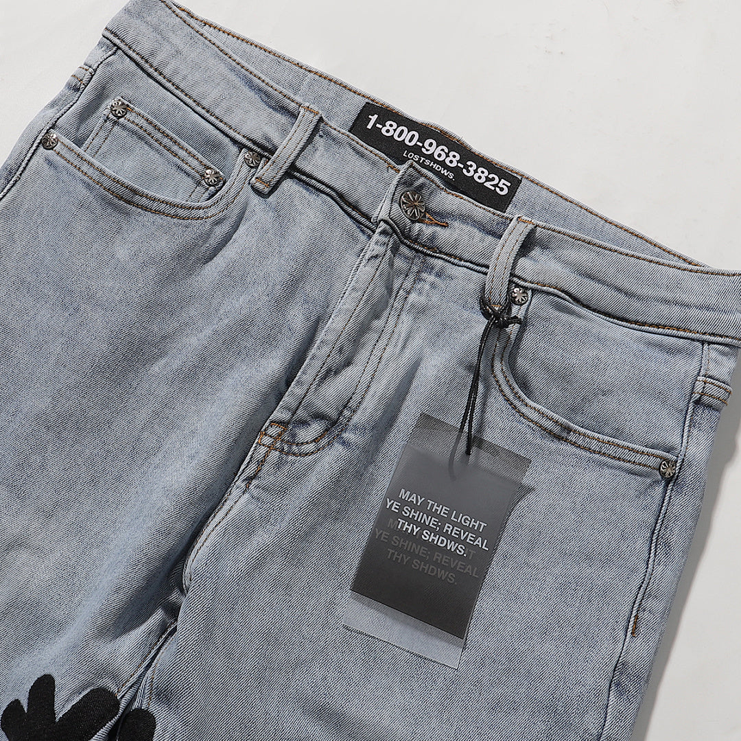 LOST SHDWS Light Wash Black Floral Denim Jeans
