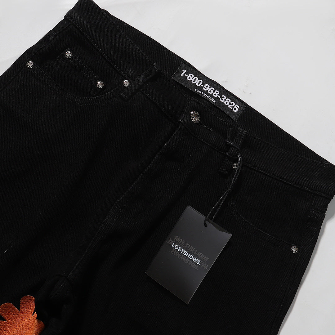 LOST SHDWS Black Rust Orange Floral Denim Jeans
