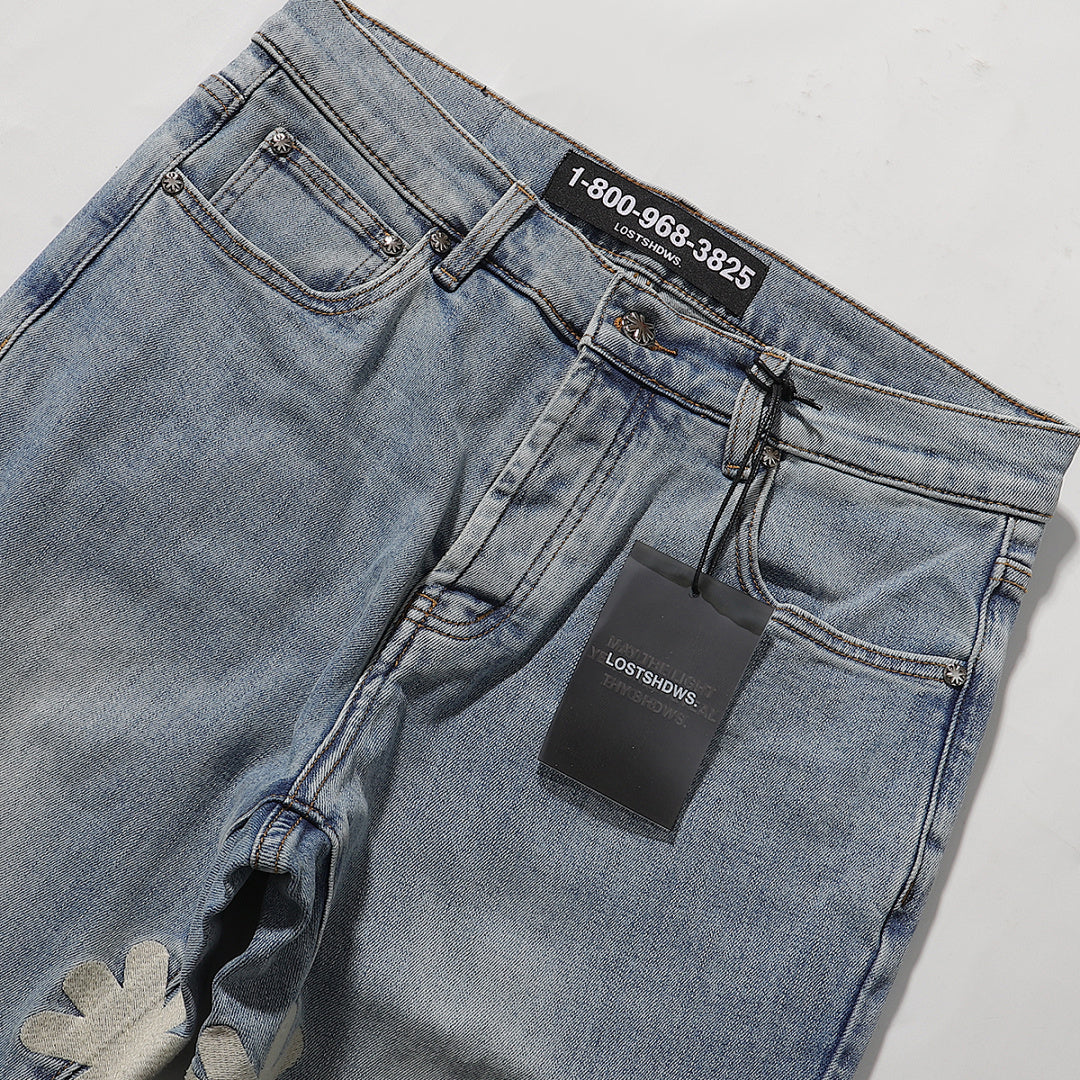 LOST SHDWS Light Wash White Floral Denim Jeans