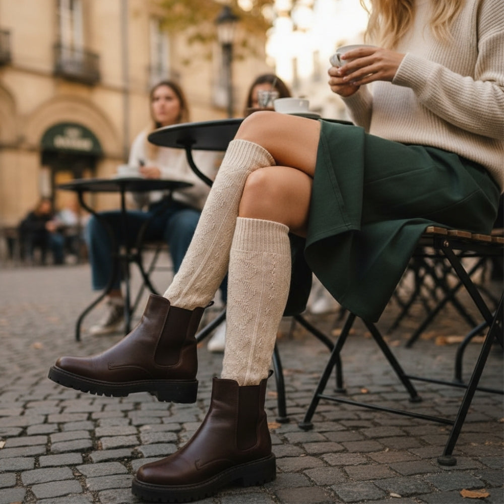 Premium Organic Cotton Knee High Socks - Non-Slip Fit for Boots - Ivory