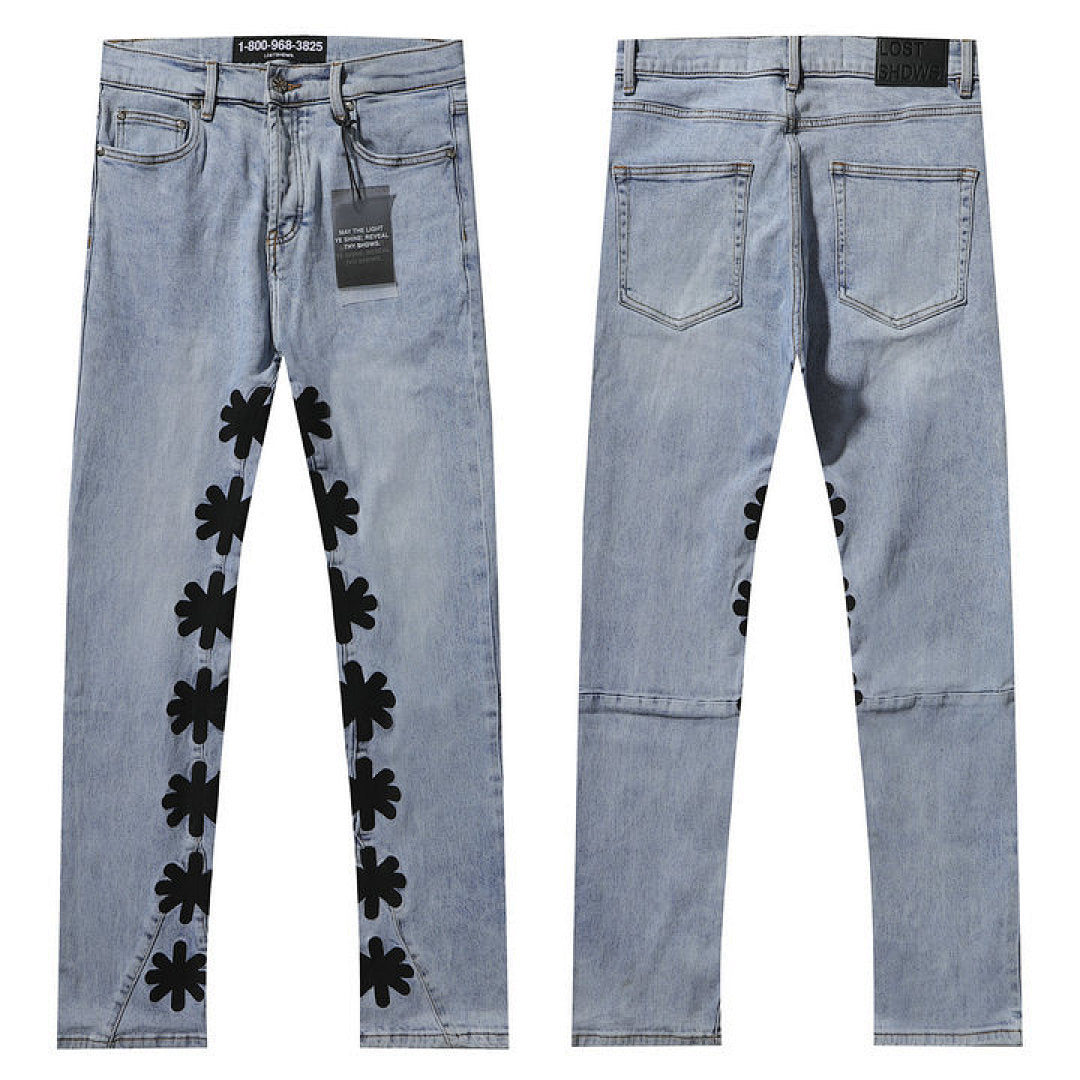 LOST SHDWS Light Wash Black Floral Denim Jeans