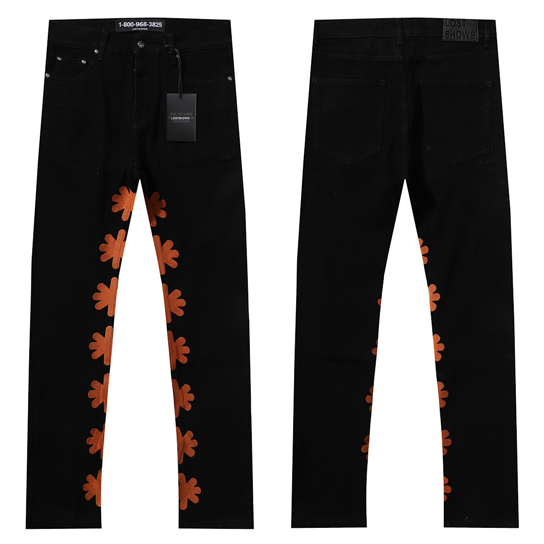 LOST SHDWS Black Rust Orange Floral Denim Jeans