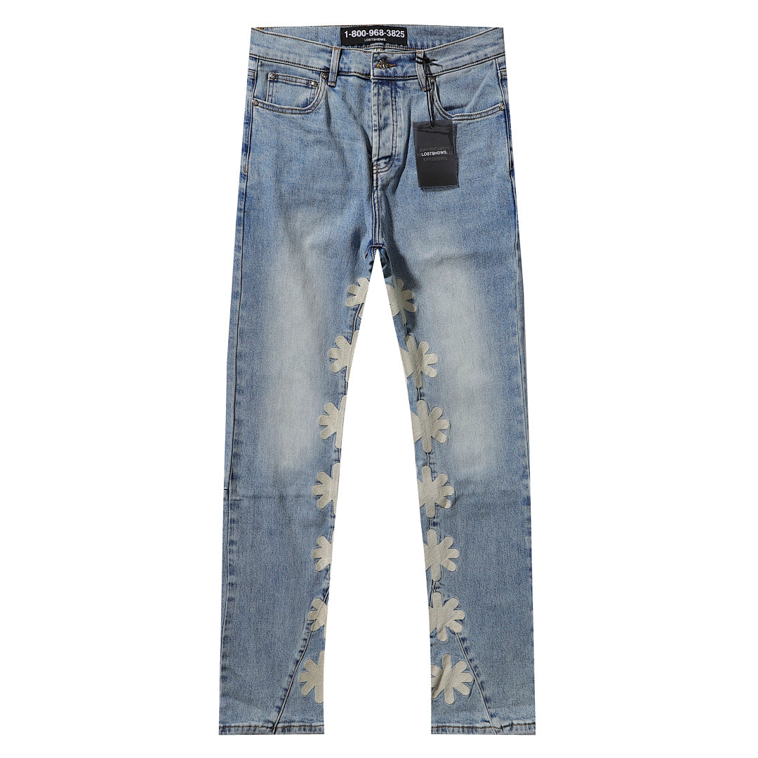 LOST SHDWS Light Wash White Floral Denim Jeans