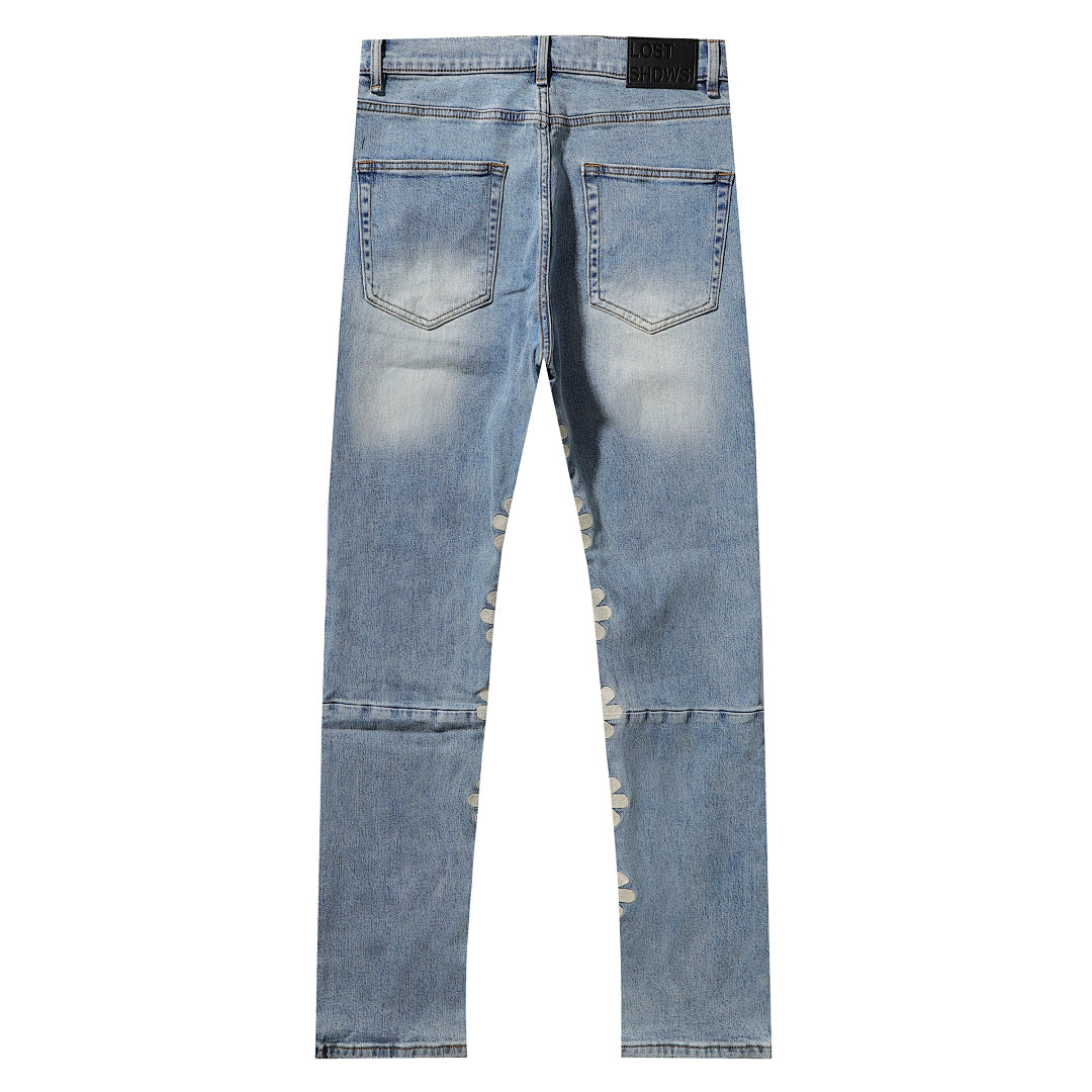 LOST SHDWS Light Wash White Floral Denim Jeans