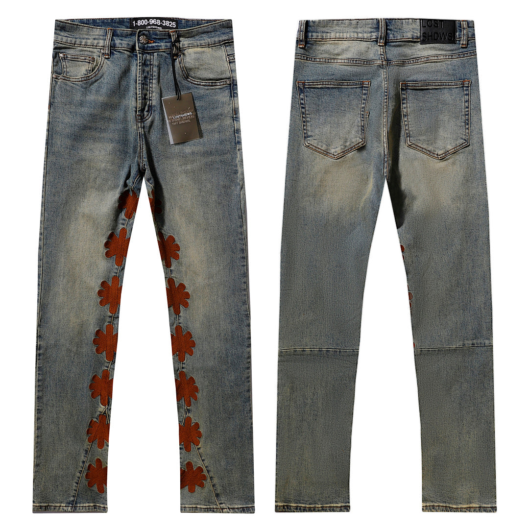 LOST SHDWS Mud Wash Inseam Floral Denim Jeans