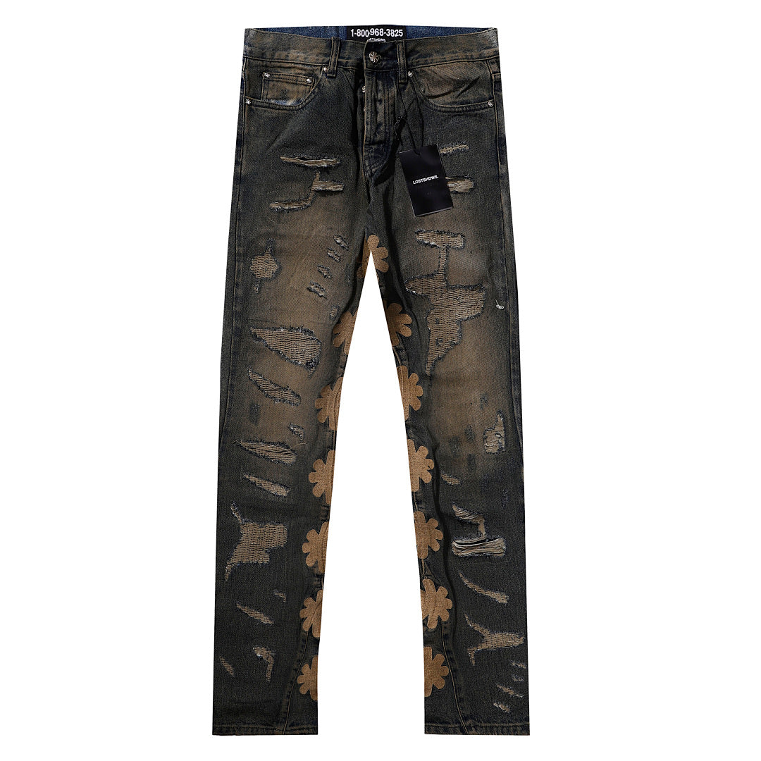 LOST SHDWS Waxed Distressed Mud Wash Denim Jeans