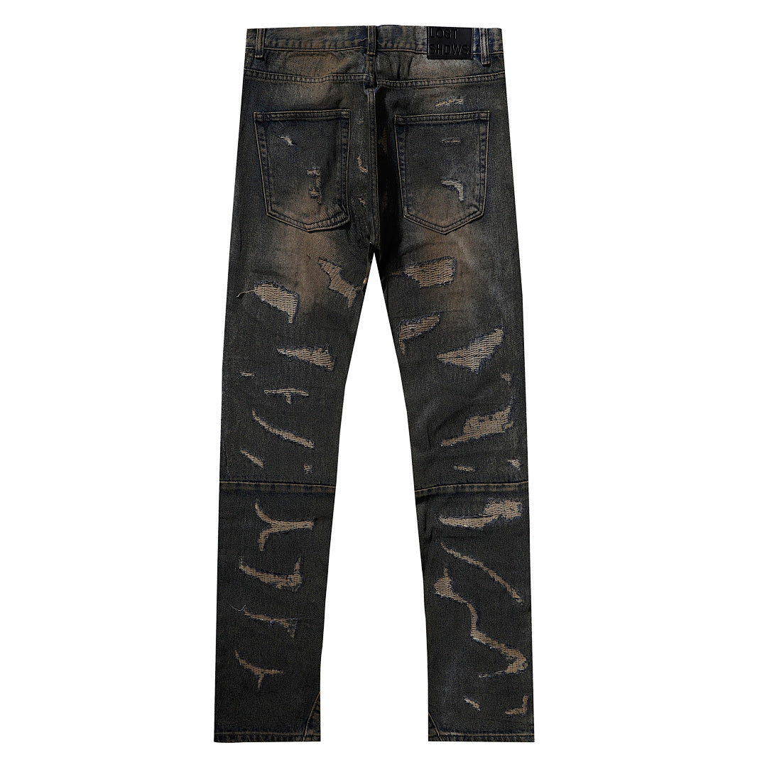 LOST SHDWS Waxed Distressed Mud Wash Denim Jeans