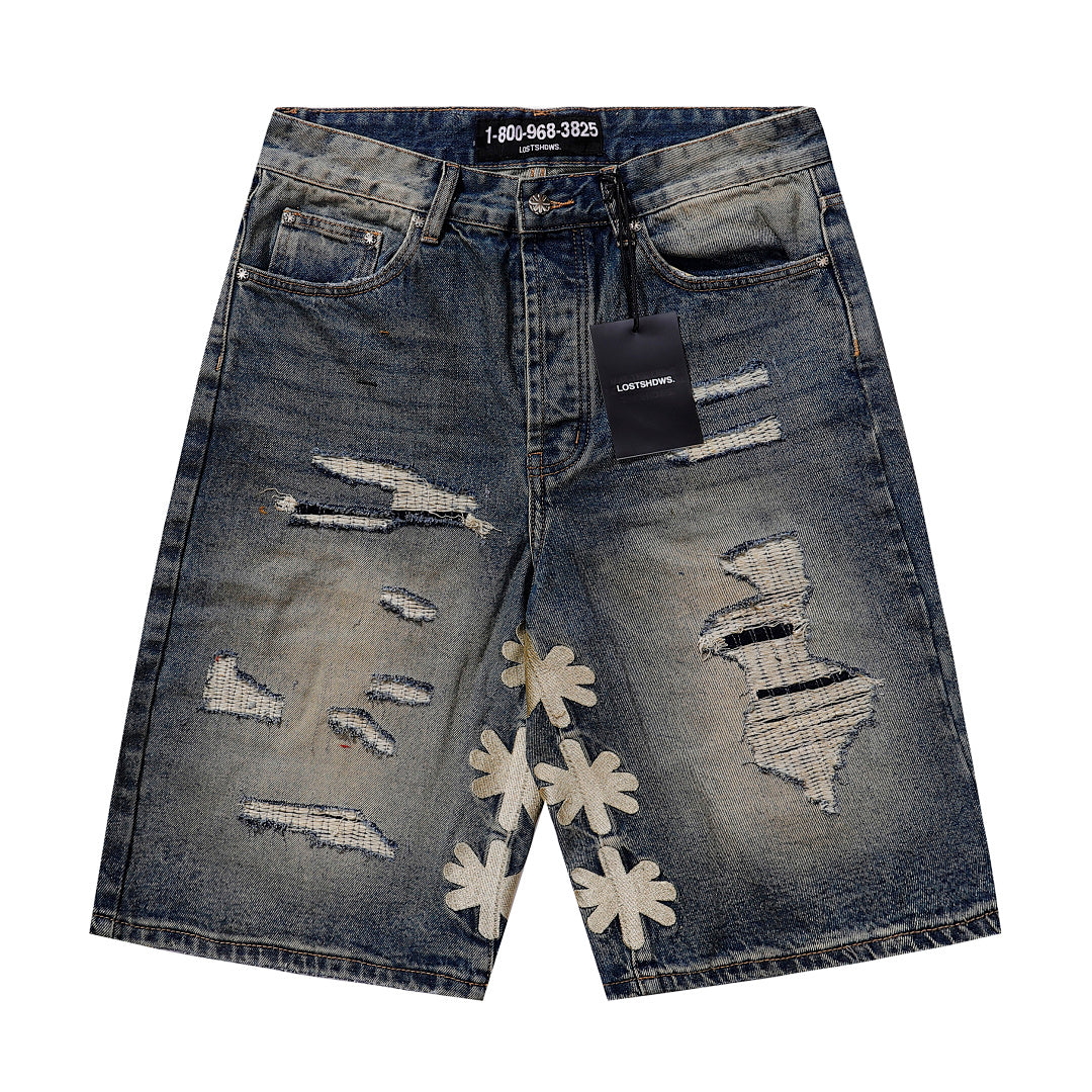 LOST SHDWS Vintage Wash Floral Embroidered Denim Shorts