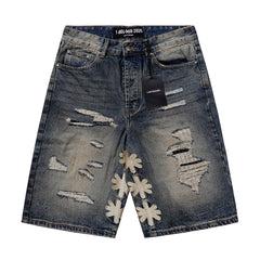 LOST SHDWS Vintage Wash Floral Embroidered Denim Shorts