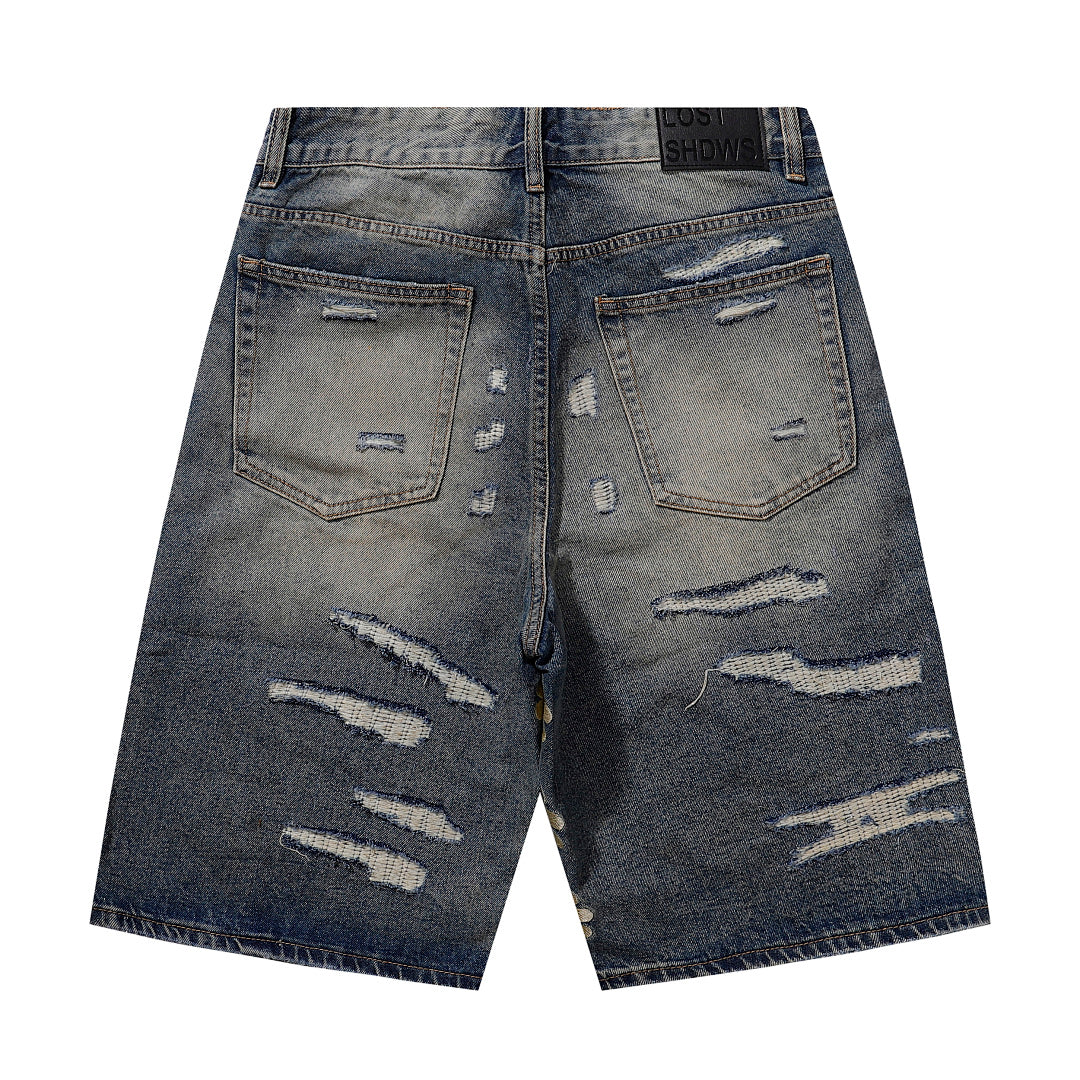 LOST SHDWS Vintage Wash Floral Embroidered Denim Shorts