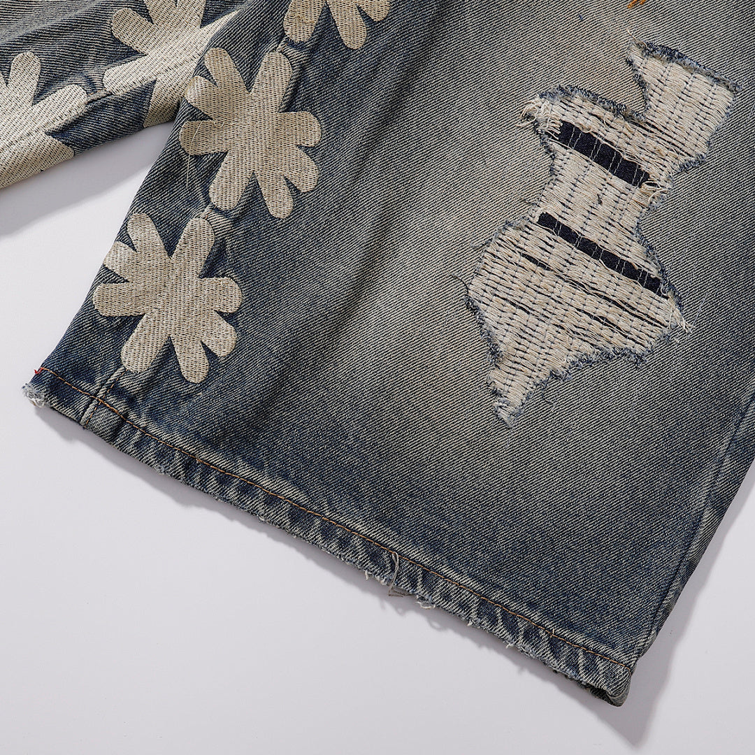 LOST SHDWS Vintage Wash Floral Embroidered Denim Shorts