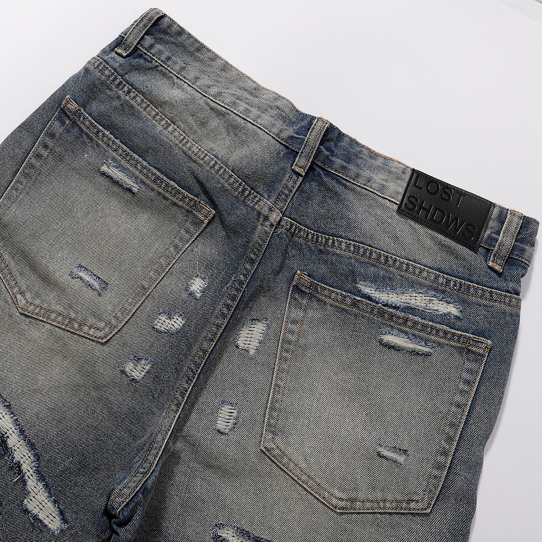 LOST SHDWS Vintage Wash Floral Embroidered Denim Shorts
