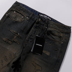 LOST SHDWS Vintage Mud Splatter Stacked Denim Jeans