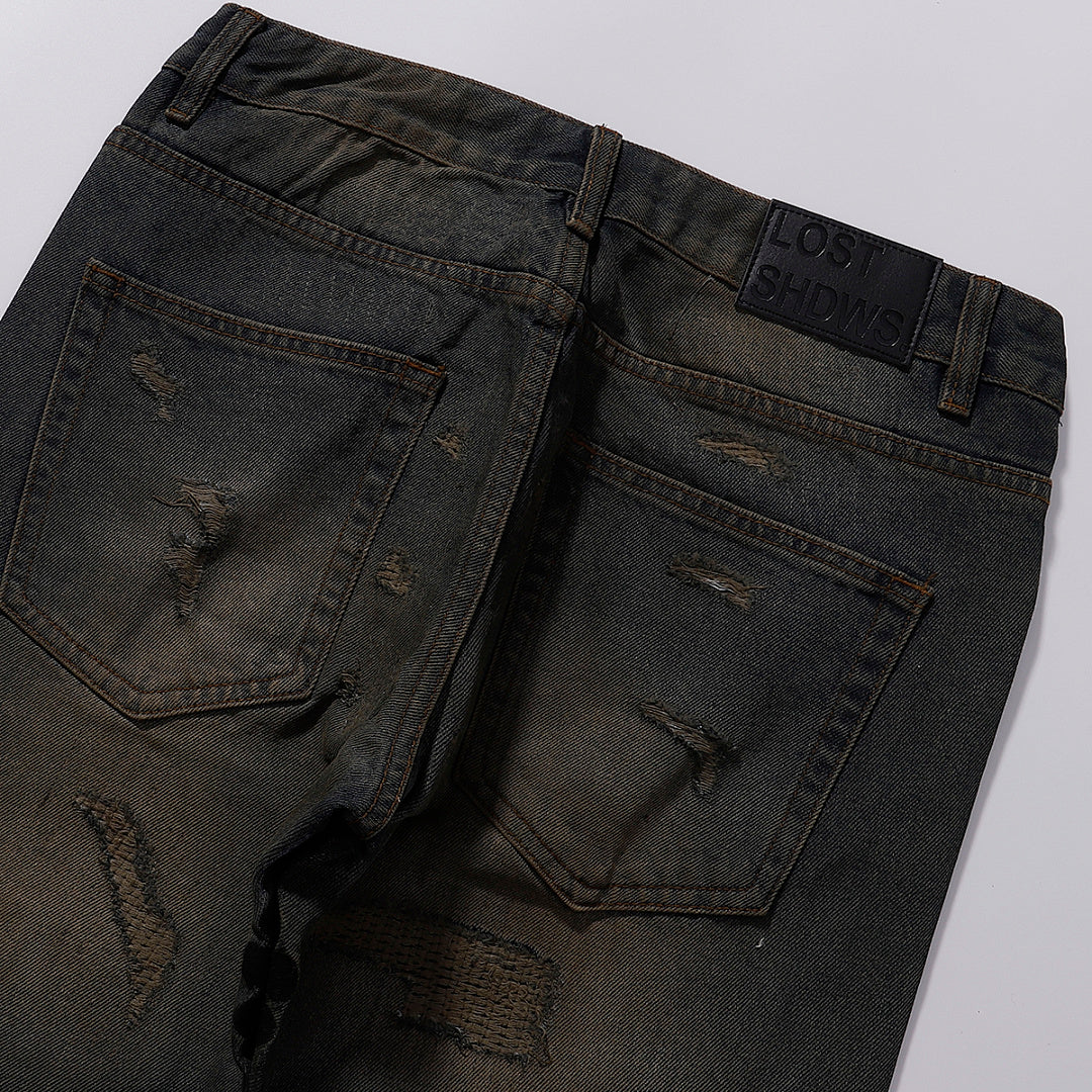 LOST SHDWS Vintage Mud Splatter Stacked Denim Jeans