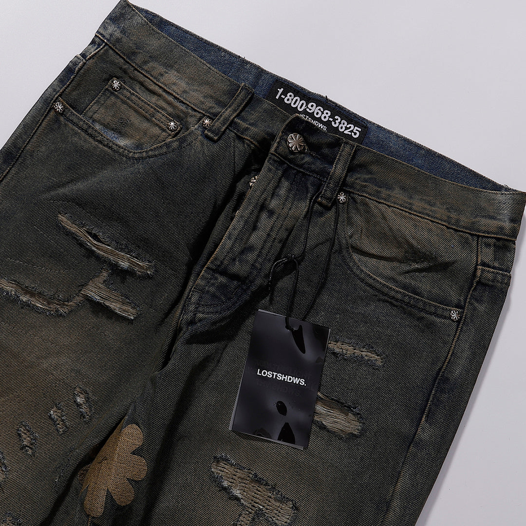 LOST SHDWS Waxed Distressed Mud Wash Denim Jeans