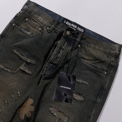 LOST SHDWS Waxed Distressed Mud Wash Denim Jeans