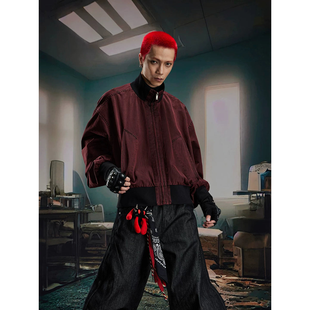 Unmanned island washable versatile personality short style stand up collar zipper loose jacket for men and women's fashion