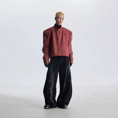 Unmanned island, dark texture, PU frosted texture, rivet decoration, loose shoulder pads, leather jacket, zipper jacket
