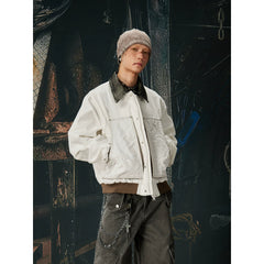 Unmanned Island New Product Retro Street Leather Collar Contrasting Colors Bright Thread Loose Short Width Workwear Zipper Jacket Coat
