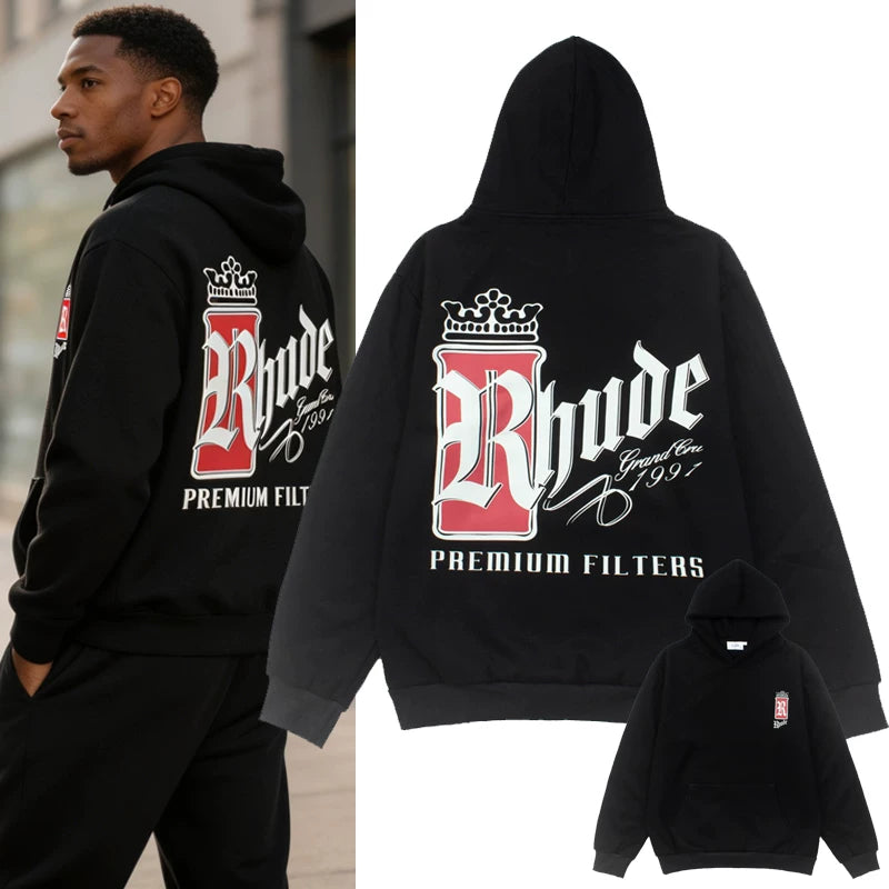 RHUDE 26ss Vintage Logo Fleece Lined Winter Hoodie