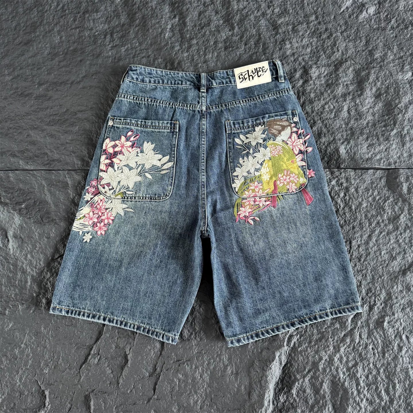 Derchutze Floral Embroidered Loose Denim Shorts