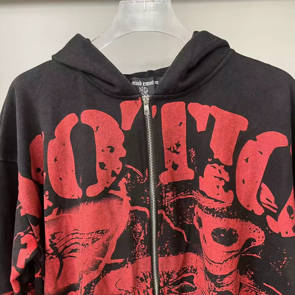 MIXED EMOTION Distressed Allover Print Zip Hoodie