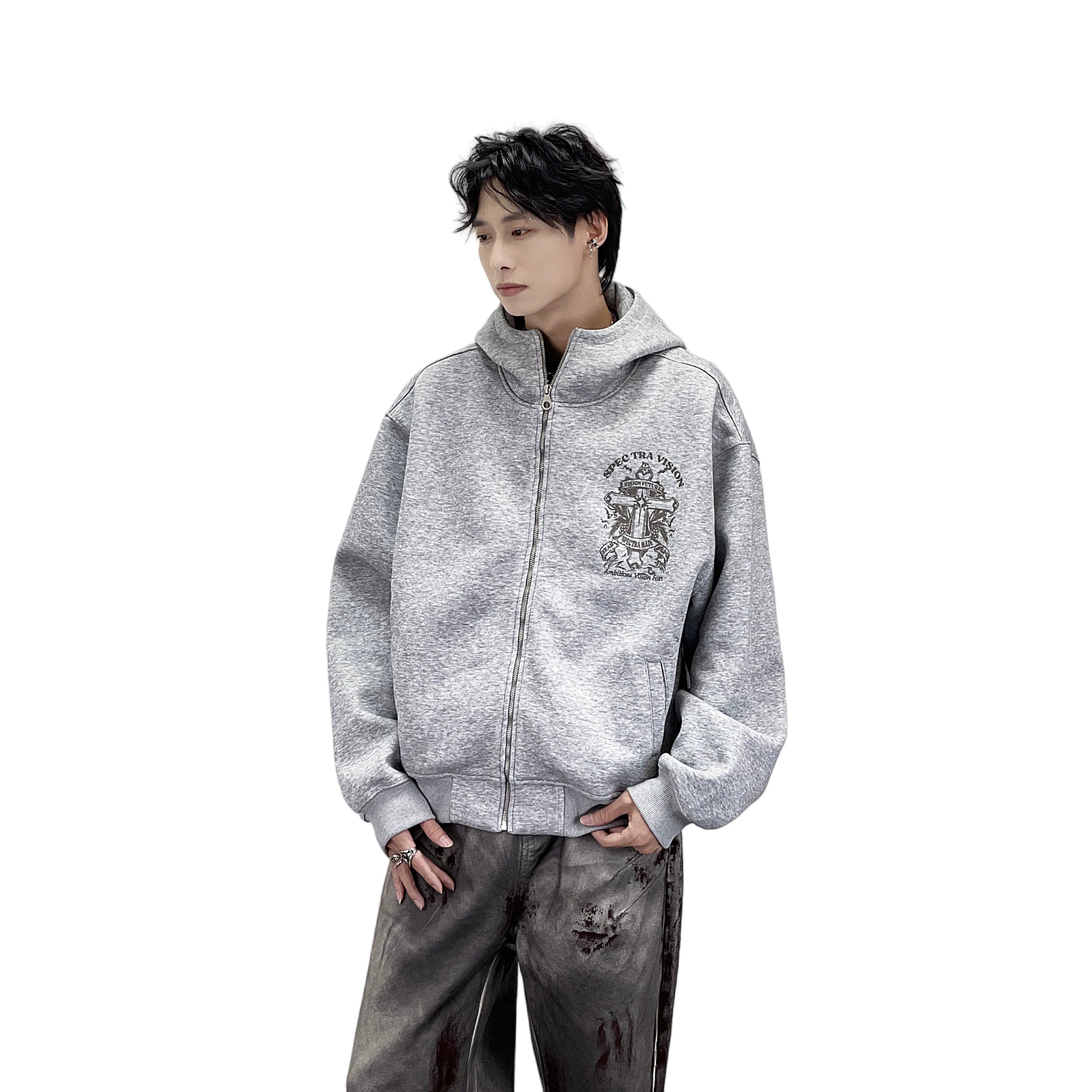 A heavyweight hoodie with a knitted cross pattern