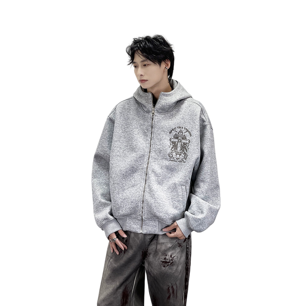 A heavyweight hoodie with a knitted cross pattern