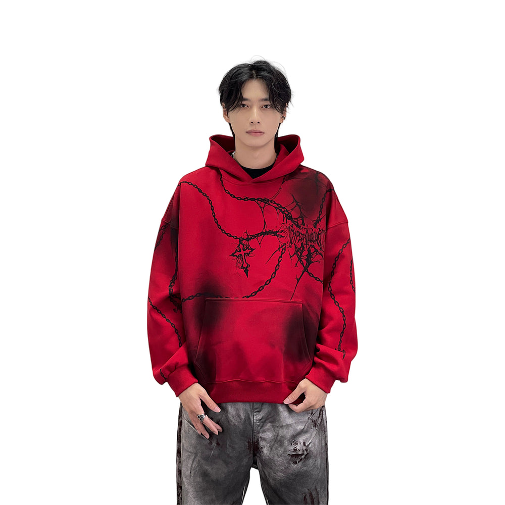 A knife cross-shaped chain printed hooded sweatshirt