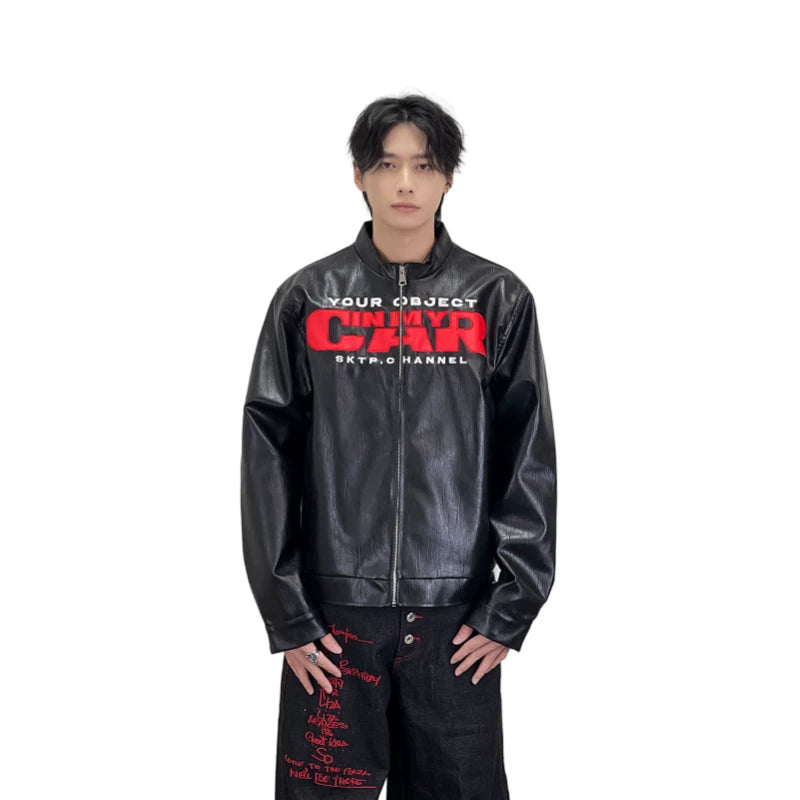 A knife motorcycle wind letter embroidered leather jacket