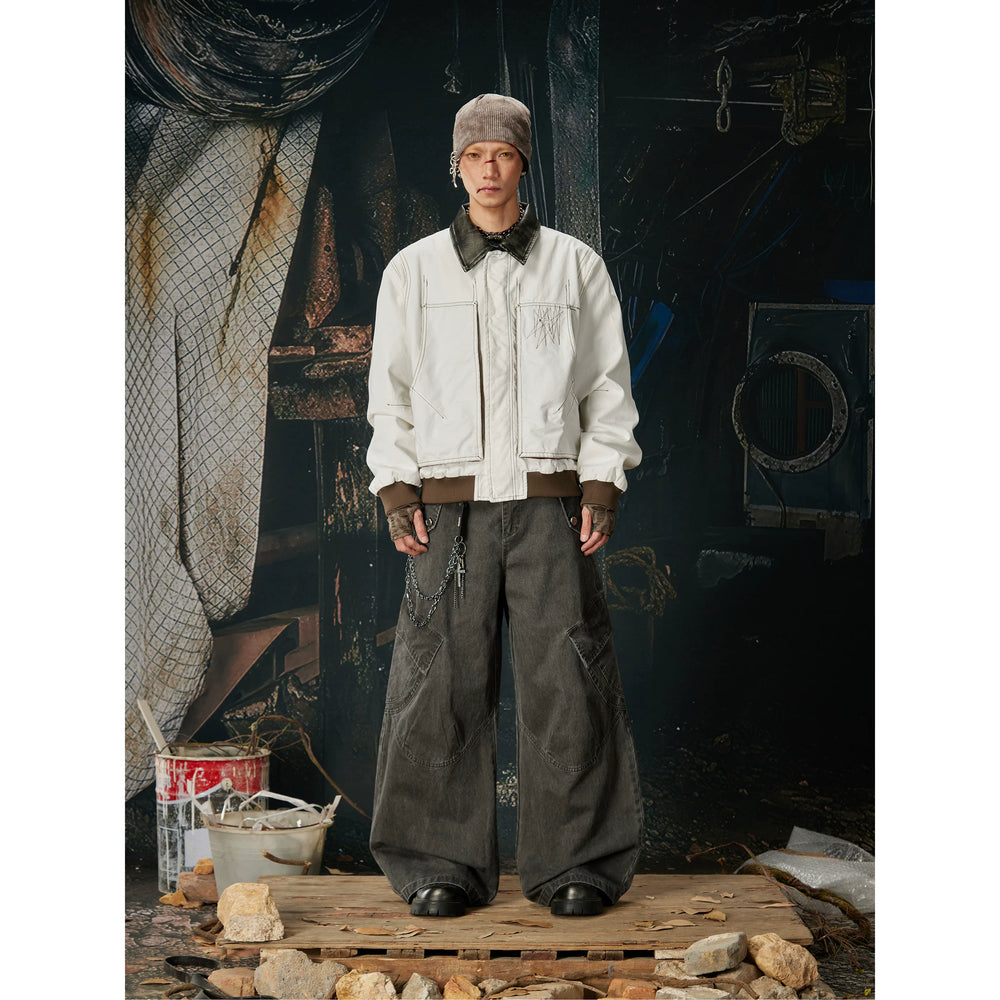 Unmanned Island New Product Retro Street Leather Collar Contrasting Colors Bright Thread Loose Short Width Workwear Zipper Jacket Coat